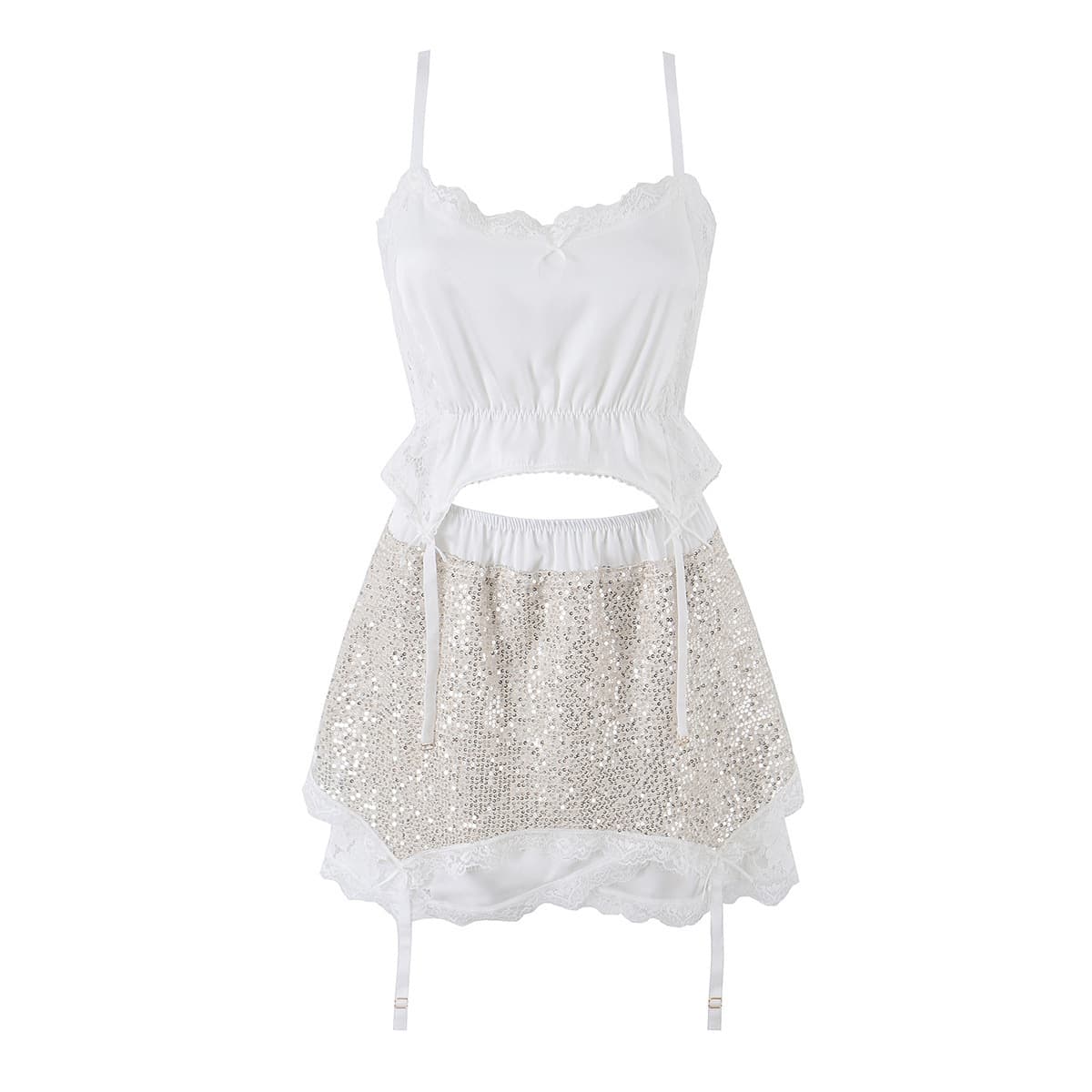 Sexy Lace Patchwork Bow Decoration Top Set Sexy Lace Patchwork Sequin Skirt Set