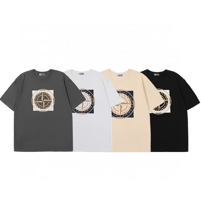 Cross-border High Quality Streetwear New Stone Short Sleeve Unisex Couple Pure Cotton T-Shirt Large Compass Cross Embroidery