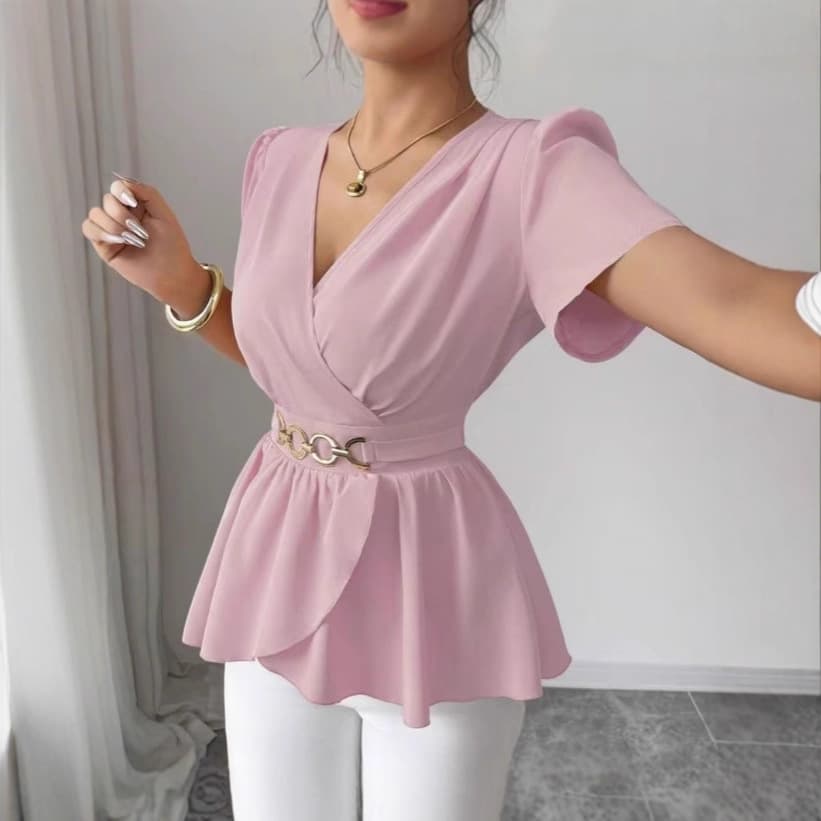 Premium Light Luxury Acetate Satin V-Neck Blouse for Women 2025 Summer Elegant Plus Size Belted Waist Tummy Control Top
