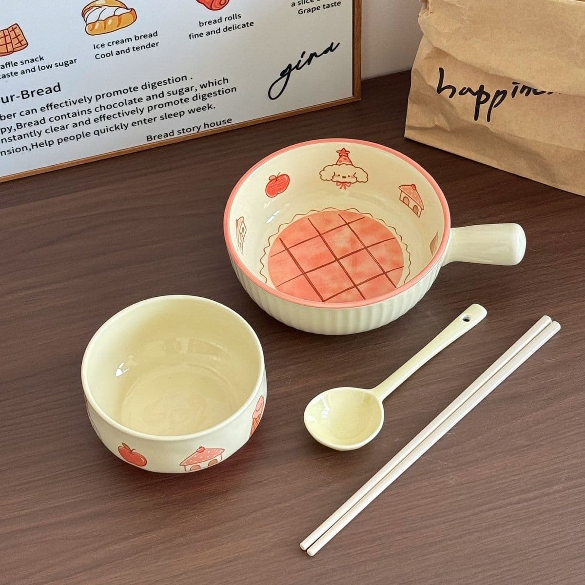 Cute Puppy Handle Bowl Instant Noodle Bowl Dish Set, Trendy Tableware Snack Plate Ramen Bowl Rice Bowl