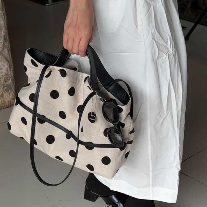 Cotton and Linen Polka Dot Tote Bag 2026 New Style Casual Large Capacity Shoulder Bag Relaxed Niche Design Underarm Bag for Women