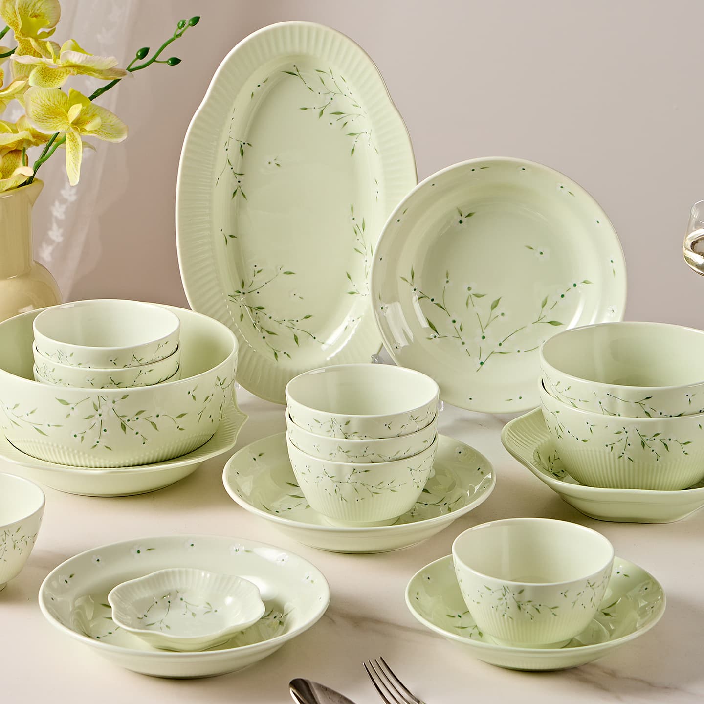 Underglaze Cream Light Green Branch and Leaf Relief Ceramic Tableware Fresh Style Rice Bowl Dinner Plate Fish Plate High Aesthetic Plate
