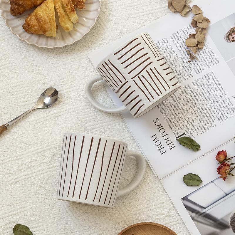 Vintage retro simple line coffee color creative ceramic mug couple pair of cups hand-made gift event cup z
