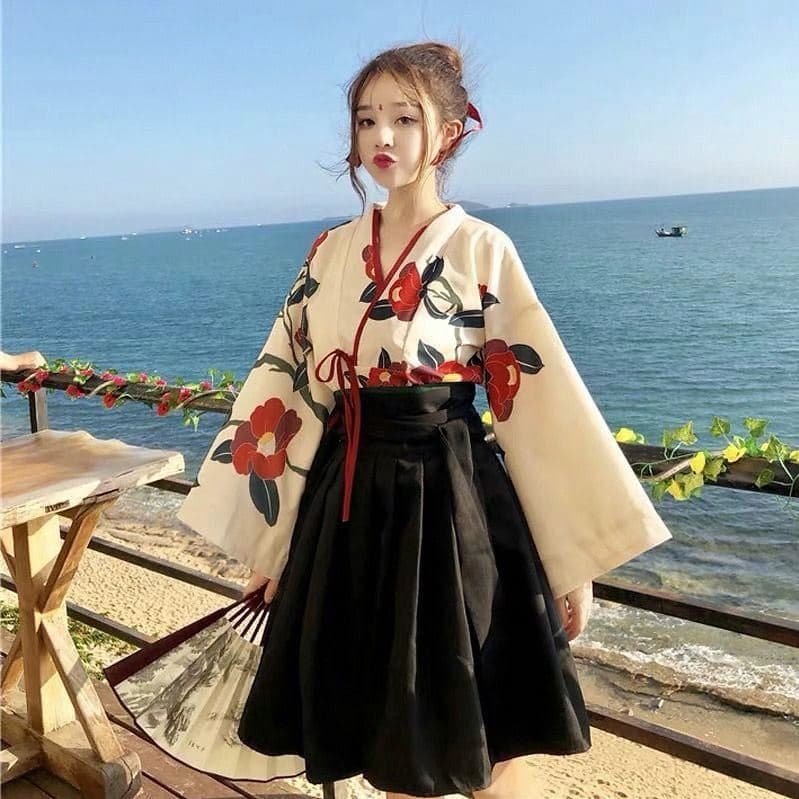 New 2022 Improved Hanfu Set Oriental Retro Style Red Tea Flower Yu Beauty Girl Cosplay School Uniform Cotton Stretch Fabric
