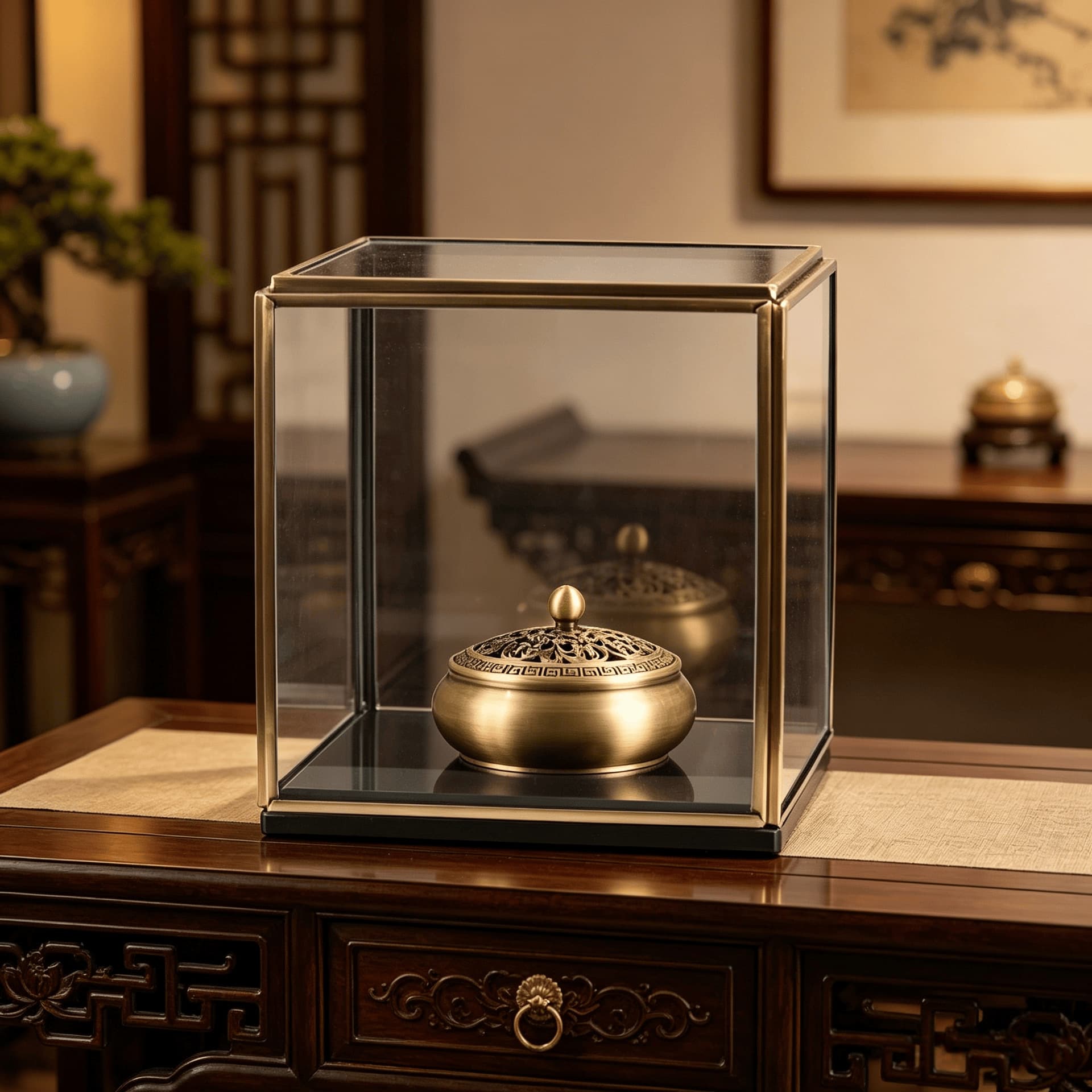 New Chinese Zen Incense Burner with Glass Cover Ornament, Light Luxury Copper Color Tea Room Aromatherapy Burner, Model Room Soft Decor Craft