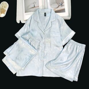 Live Hot Sale Summer Short Sleeve Pajama Set with Padded Bra for Women, Thin Ice Silk Three-Piece Loungewear Set