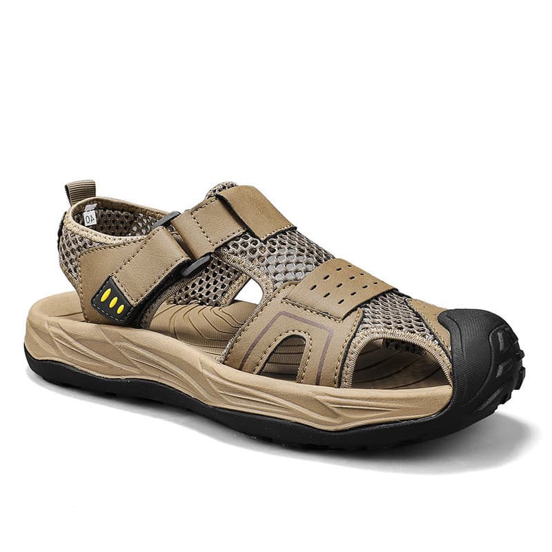 Beach shoes for men 2025 new summer breathable hollow genuine leather toe-cap sandals for men soft sole lightweight outdoor wading shoes