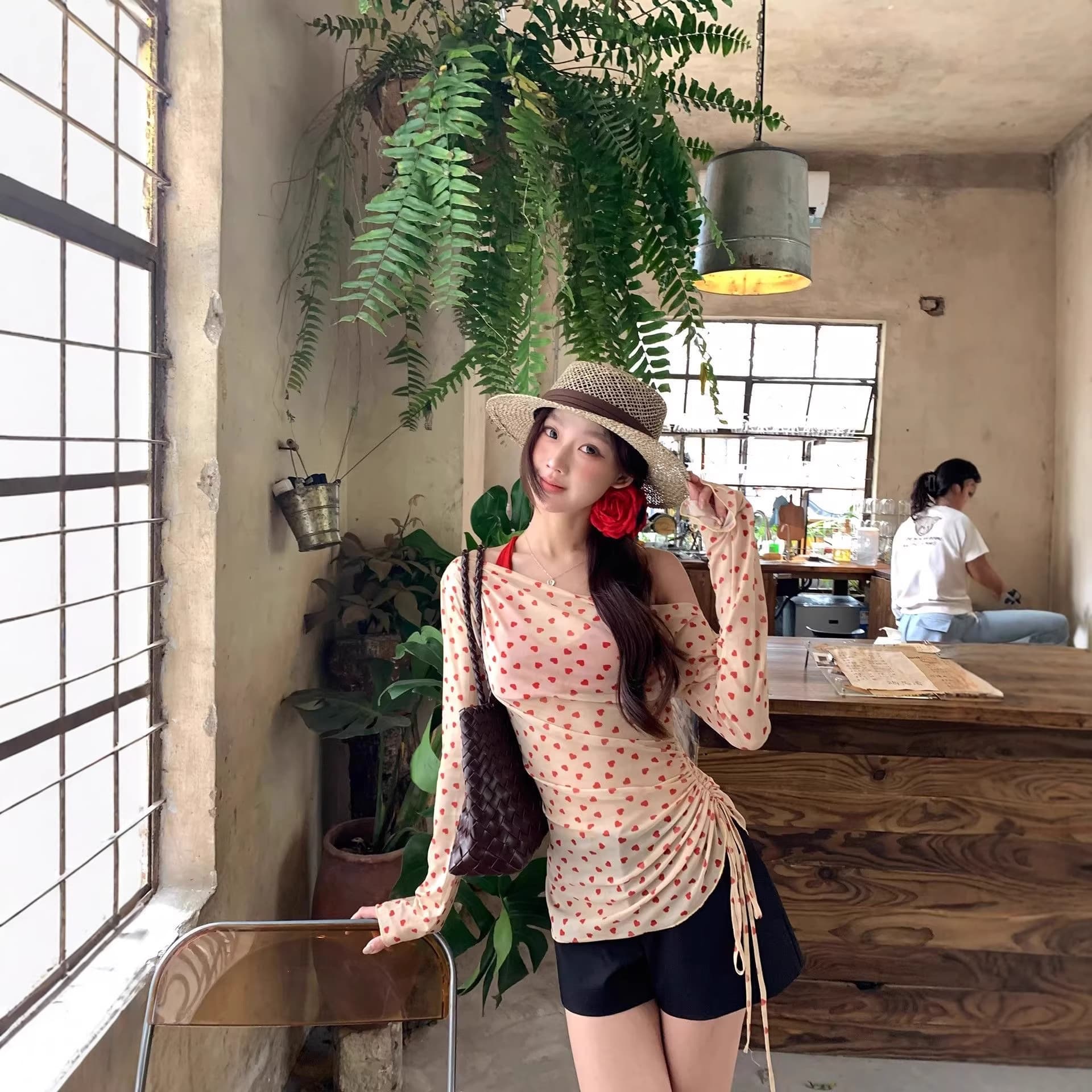 Red Man Hall long-sleeved T-shirt for women 2026 new summer wear sun protection blouse slanted shoulder slim design top for women