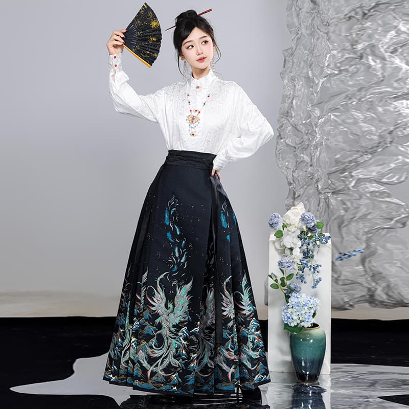 Caoxian Original Ming Dynasty Style Hanfu Set: High-Neck Shirt Top with Floral Pattern and Horse-Face Skirt (2023 New Arrival)