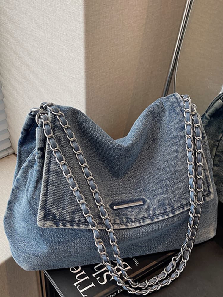 New Korean-style chain large-capacity denim tote bag, casual college student shopping bag, commuter shoulder and crossbody bag
