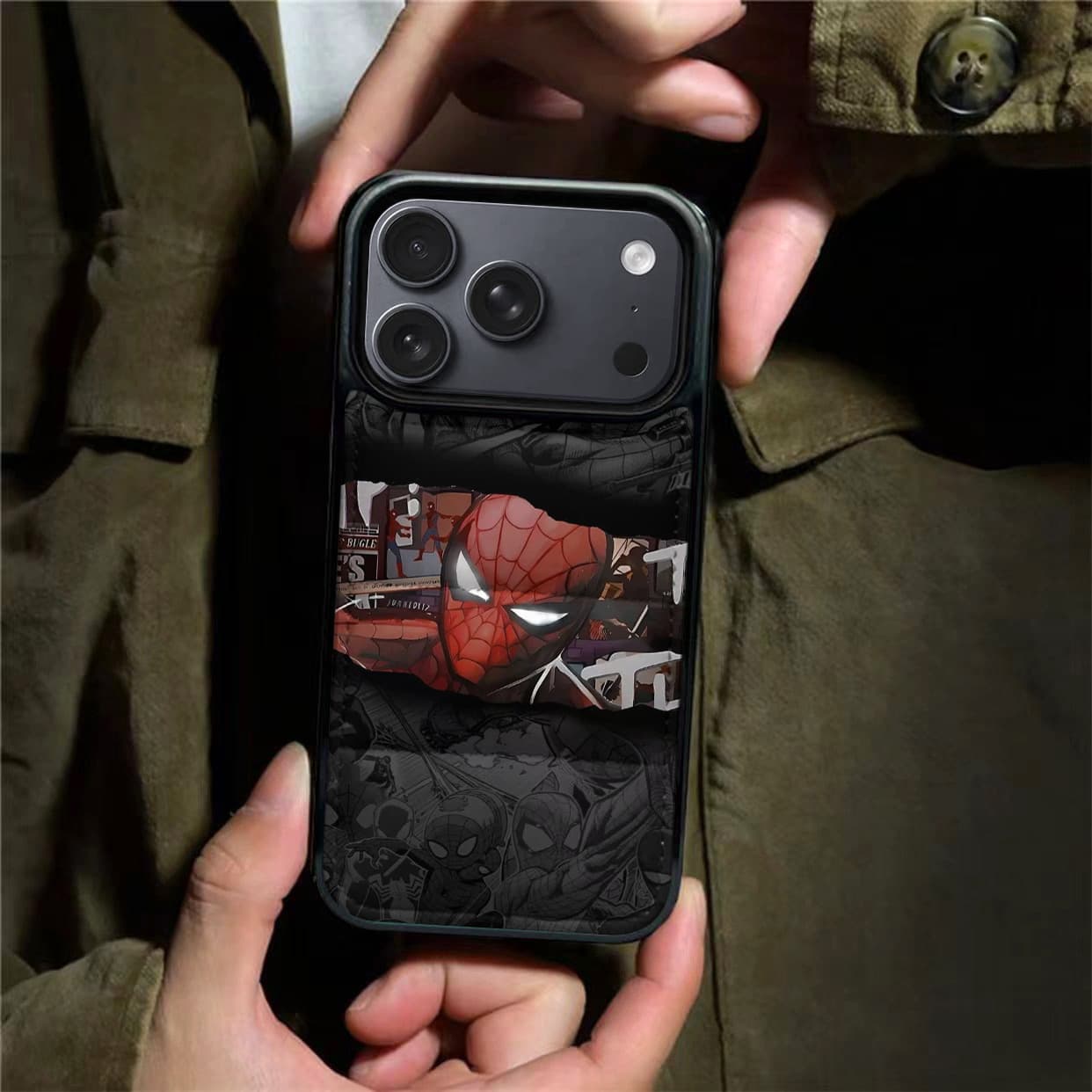 Suitable for Down Jacket Marvel Spider-Man Phone16/17Pro/Max Apple 15 Hard Shell Filled with Cotton 13Pro/14P