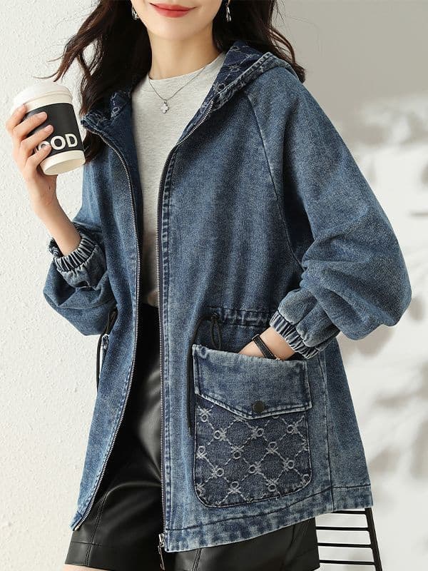 Waist-cinching Denim Short Jacket for Women, Spring/Autumn Fashion, Korean Style, Loose Fit, Plus Size, Hooded Denim Jacket, Casual Coat
