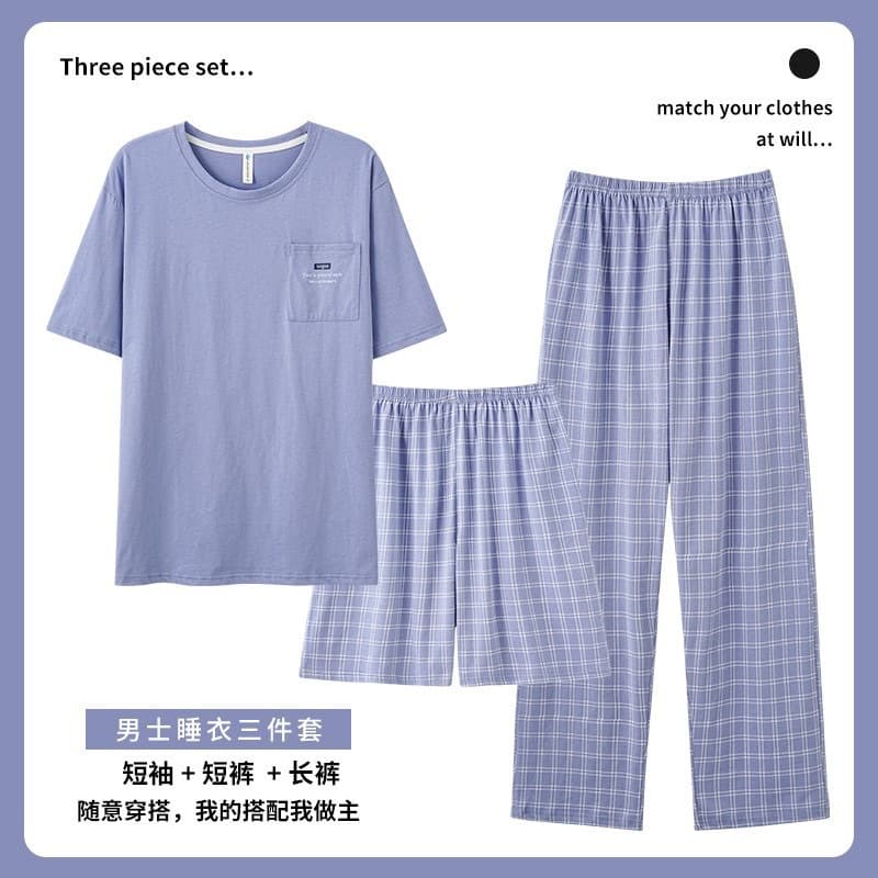 Men's Cotton Pajamas Summer Thin Short Sleeve Shorts Long Pants Pure Cotton New Three-Piece Set Loose Homewear Suit