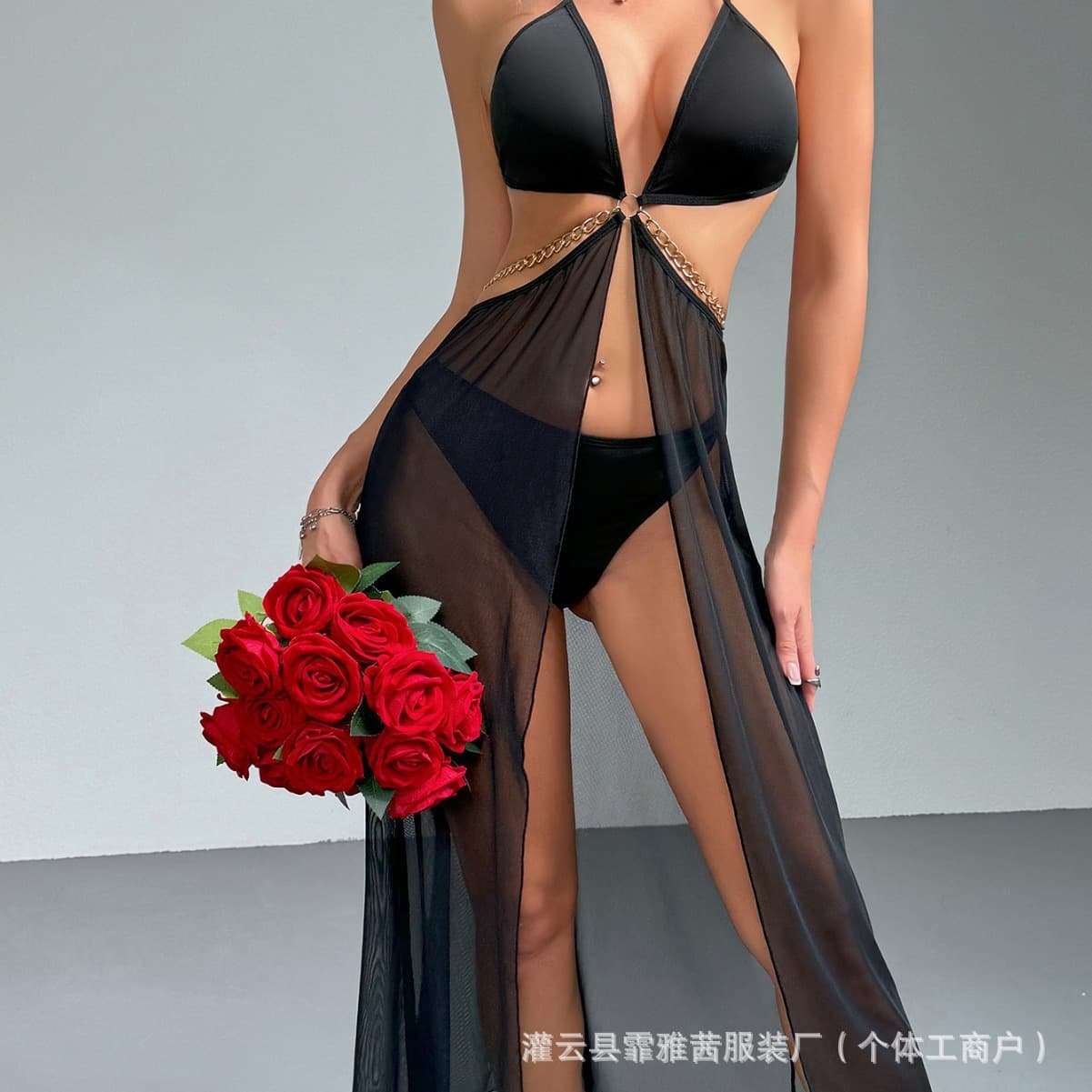 European and American Plus Size Sexy Lingerie See-Through Mesh Long Dress Suspender Nightwear Set Cross-Border Wholesale