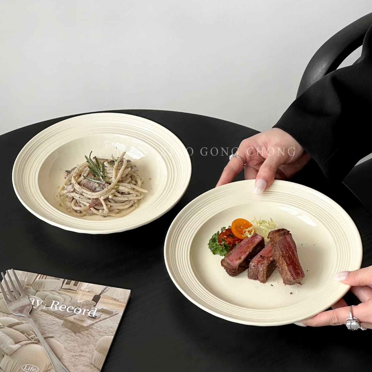 Simple cream style tableware ins style brushed ceramic plate pasta plate steak plate home western food plate breakfast plate