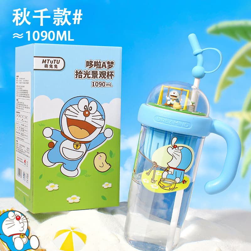 【Official Doraemon】New Cartoon Straw Plastic Cup, High Appearance Portable Landscape Water Cup for Students