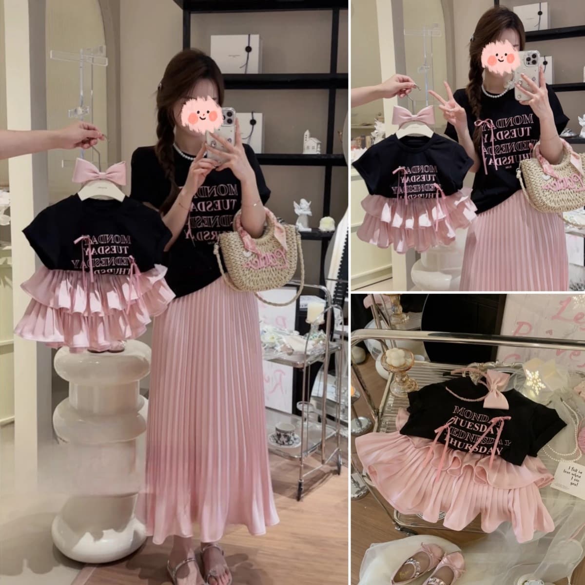 Summer Mother-Child Matching Outfit A-Class Korean Style 2024 Girl Pleated Skirt Trendy Letter T-Shirt Two-Piece Set