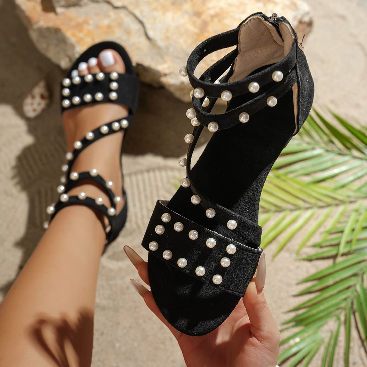 Simple Pearl Decor Sandals for Women, Vintage Roman Style Versatile Ankle Strap Flat Sandals