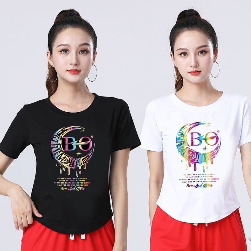 Square dance attire, dazzling printed ice porcelain cotton short-sleeve top, women's round-neck short-sleeve.