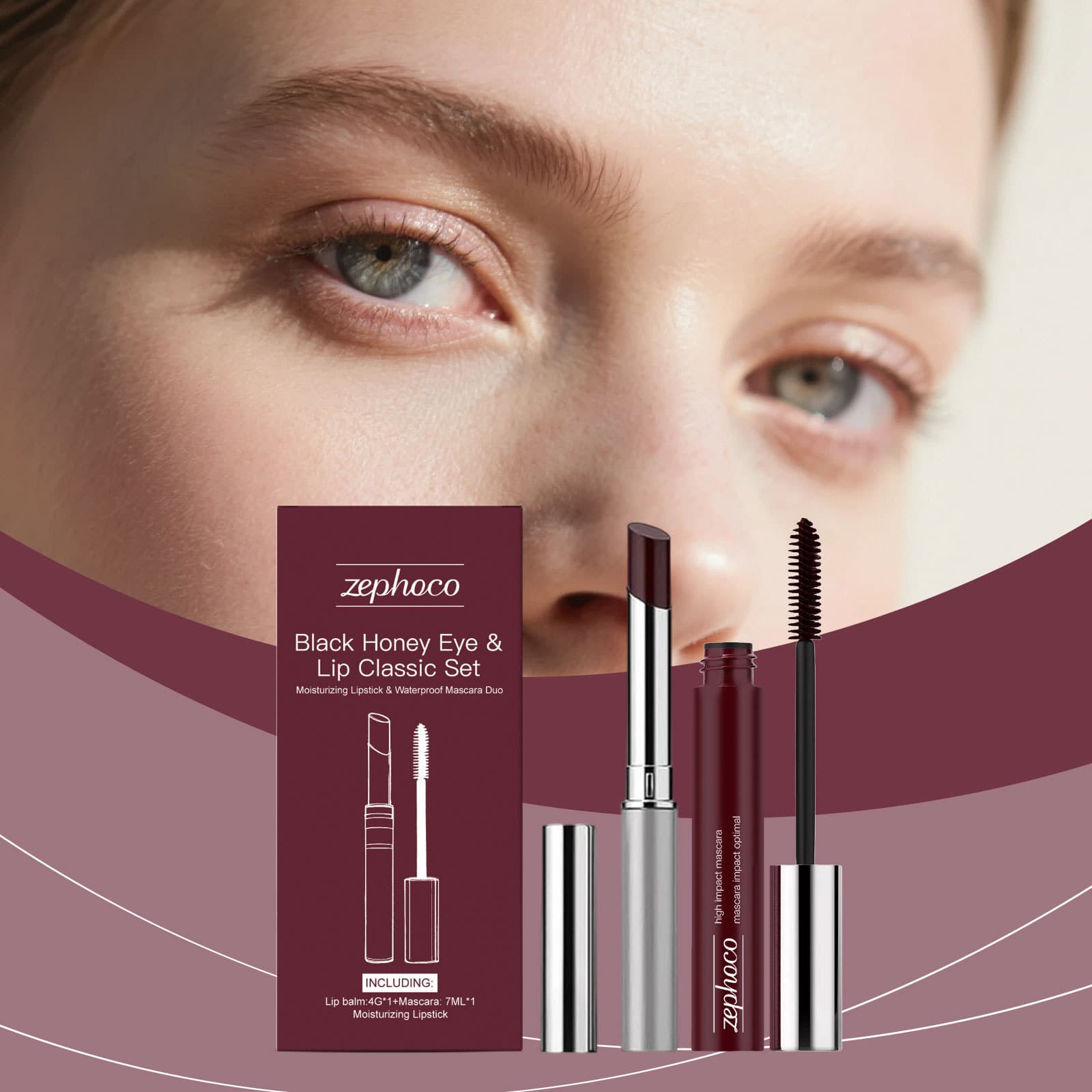 Zephoco Black Honey Eye & Lip Classic Brown Set - Curling Mascara & Moisturizing Silky Lipstick Natural Color
