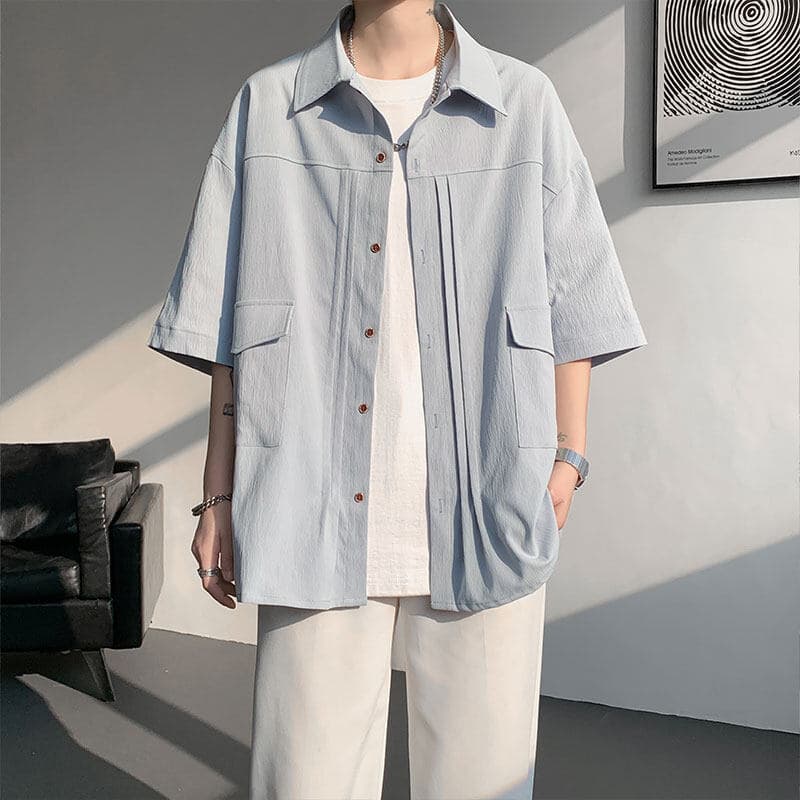 Crock Short-sleeved Shirt Men's Pleated Design Ice Silk Shirt Summer New Fashionable Loose Plus Size Half-sleeved Jacket