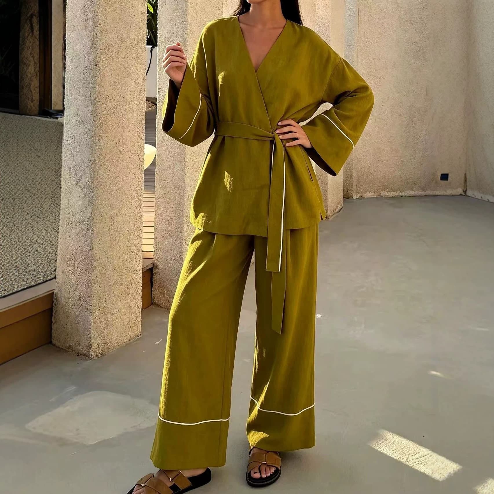 Cross-Border Two-Piece Set: European & American 2026 Spring New Women's V-Neck Open-Front Cardigan + Wide-Leg Pants Set