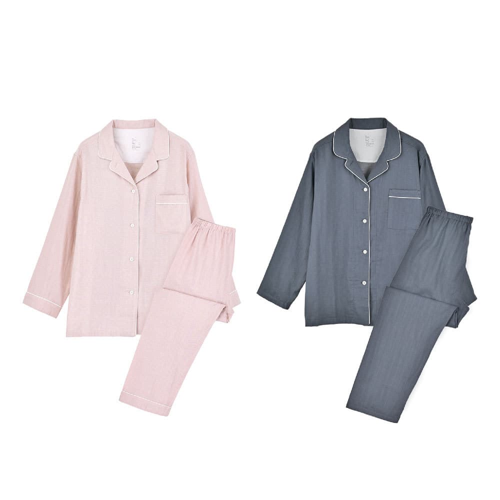 Unprinted Double-Layer Gauze Pajamas, No Side Seams, Long-Sleeved Home Wear Set, Couple Style, Spring and Autumn, Pure Cotton, Plaid Stripes