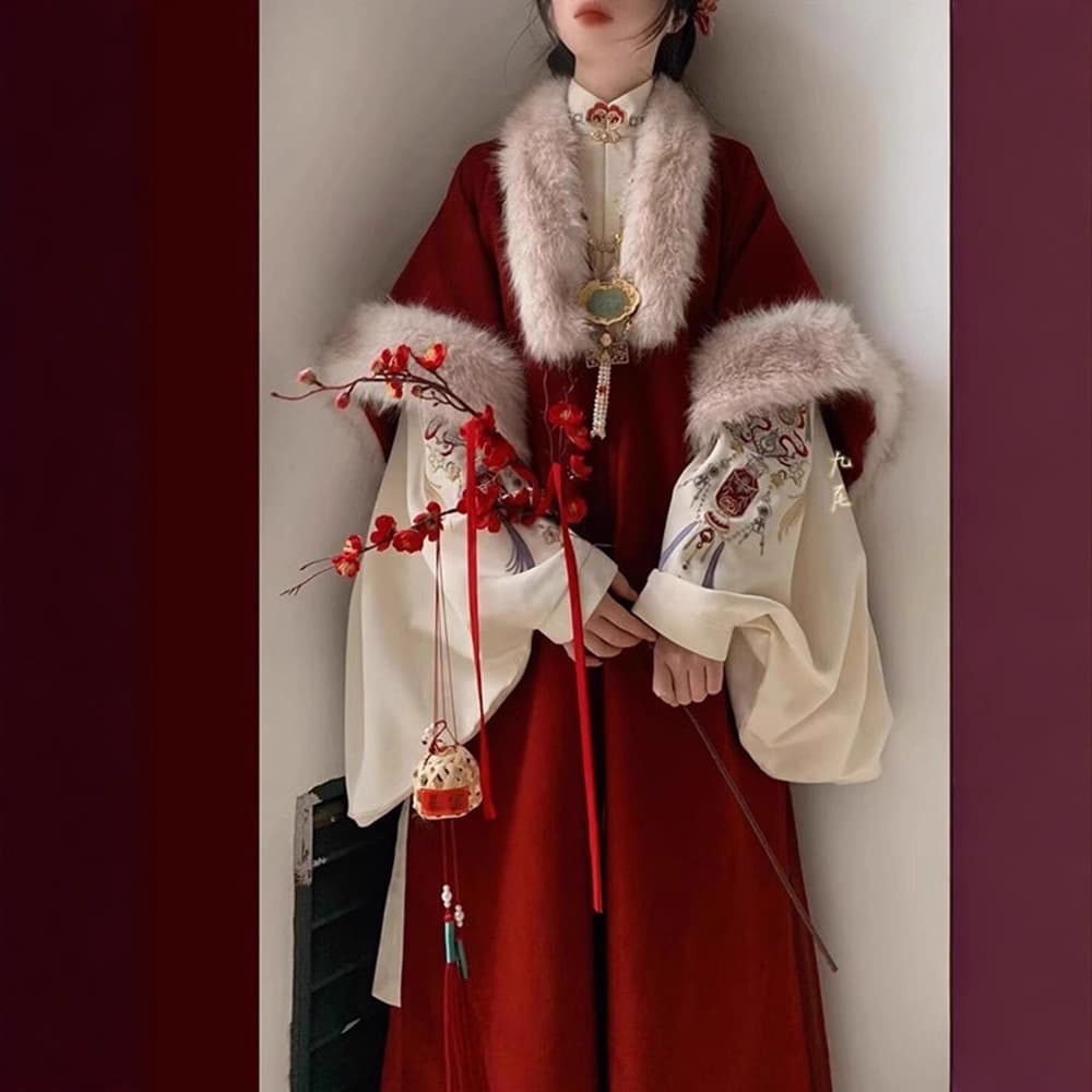 Red Hanfu for Women, New Year's Dress with Fleece Lining, Fur Coat, Plush New Year's Greeting Attire, Front-opening Long Shirt, Horse-face Skirt