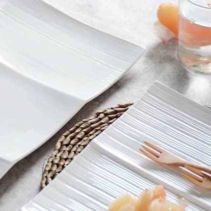 Pure White Rectangular Snack Plate BBQ Grill Plate Hot Pot Plate Striped Plate Three-Compartment Plate Ceramic Flat Plate Dessert Cake Plate