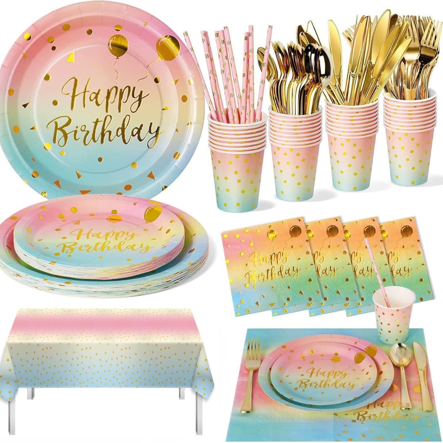 Foil Rainbow Birthday Balloon Party Paper Plate Cup Cutlery Set Kids Birthday Party Decoration Supplies Tableware