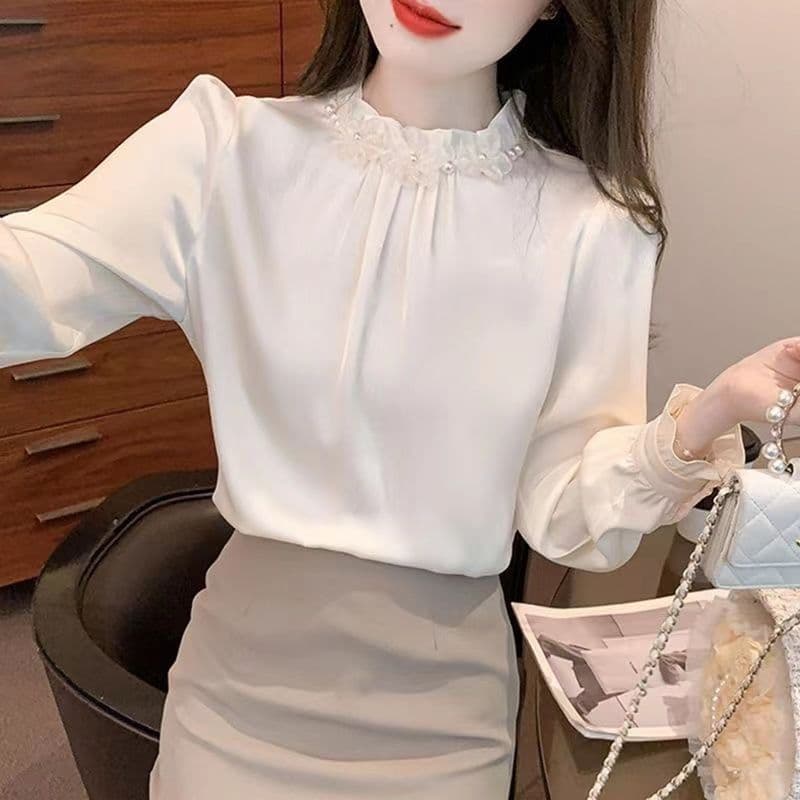 French Beaded Edge Long-Sleeved Shirt for Women, Spring New Style, Loose, Slimming and Age-Reducing Top for Women, Fashionable