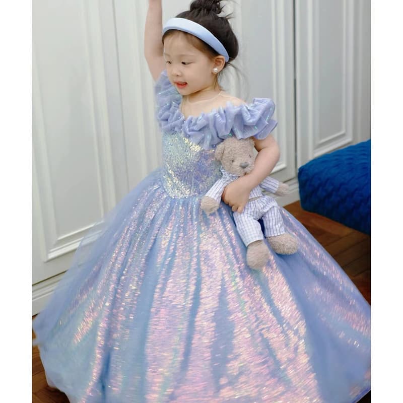 Children's Princess Dress French Style New Girl Performance Birthday Host Piano Recital Outfit Blue