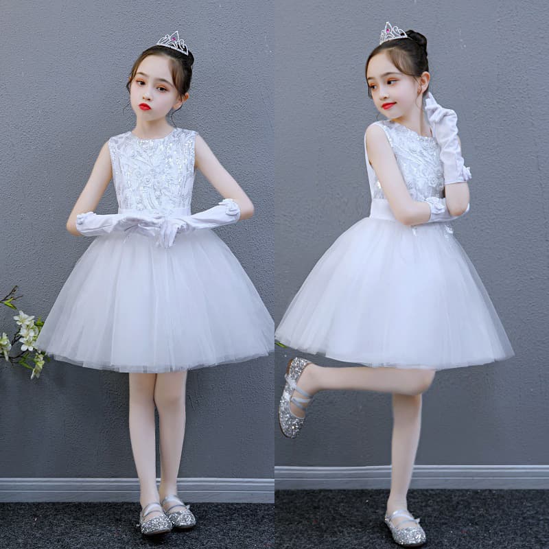 Girls' Princess Dress, Children's Tutu Skirt, White Formal Dress, Piano Performance Outfit, Graduation Performance Costume, Summer Outfit