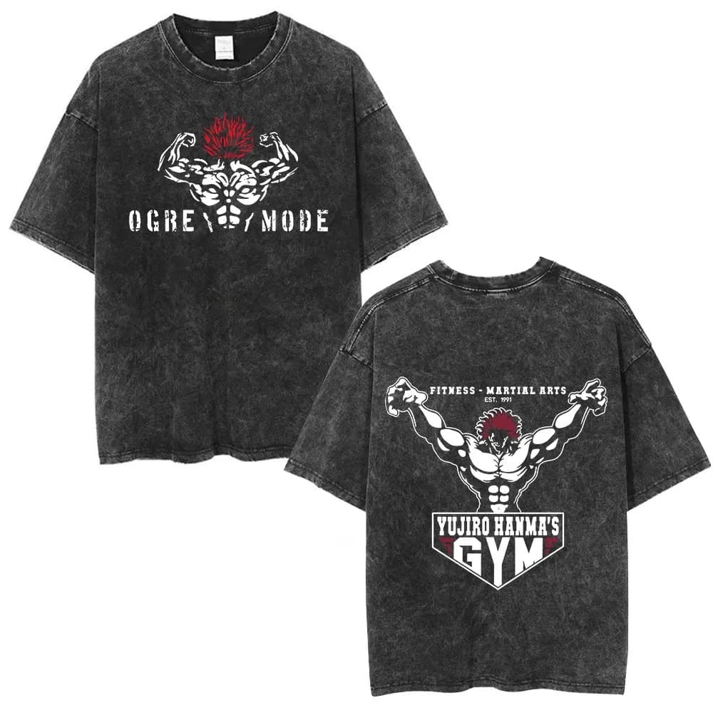 Vintage Washed T-Shirt Anime Baki Wrestler T-Shirt Hanma Yujiro Gym Short Sleeve T-Shirt Men