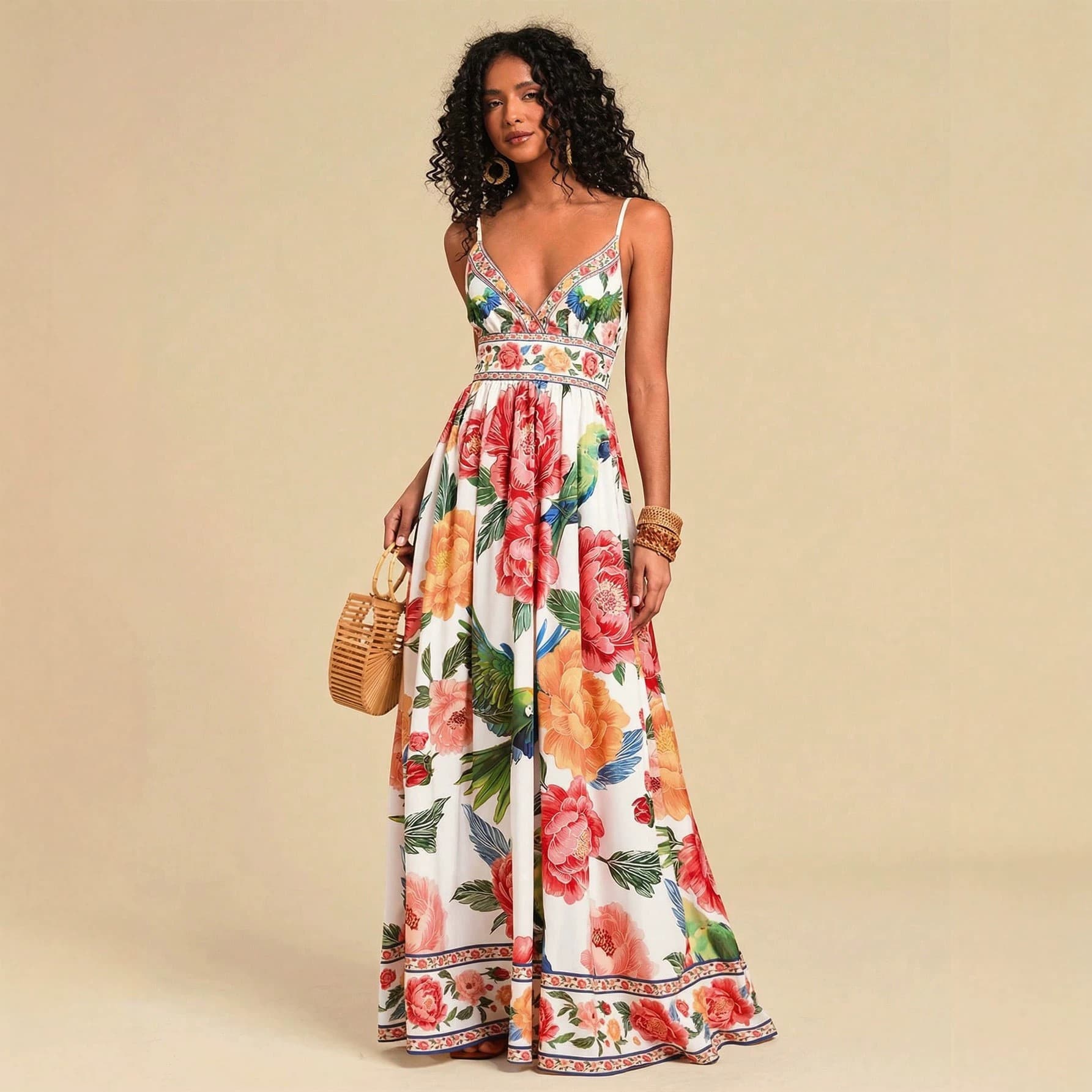 2026 Amazon Women's Cross-Border Summer Daily Long Dress Digital Printing V-Neck Beach Vacation Casual Dress