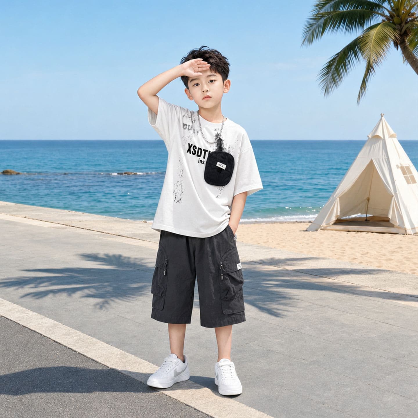 Boys' summer letter printed short-sleeved cargo shorts suit, middle-aged and older children's beach outing, handsome and breathable two-piece set