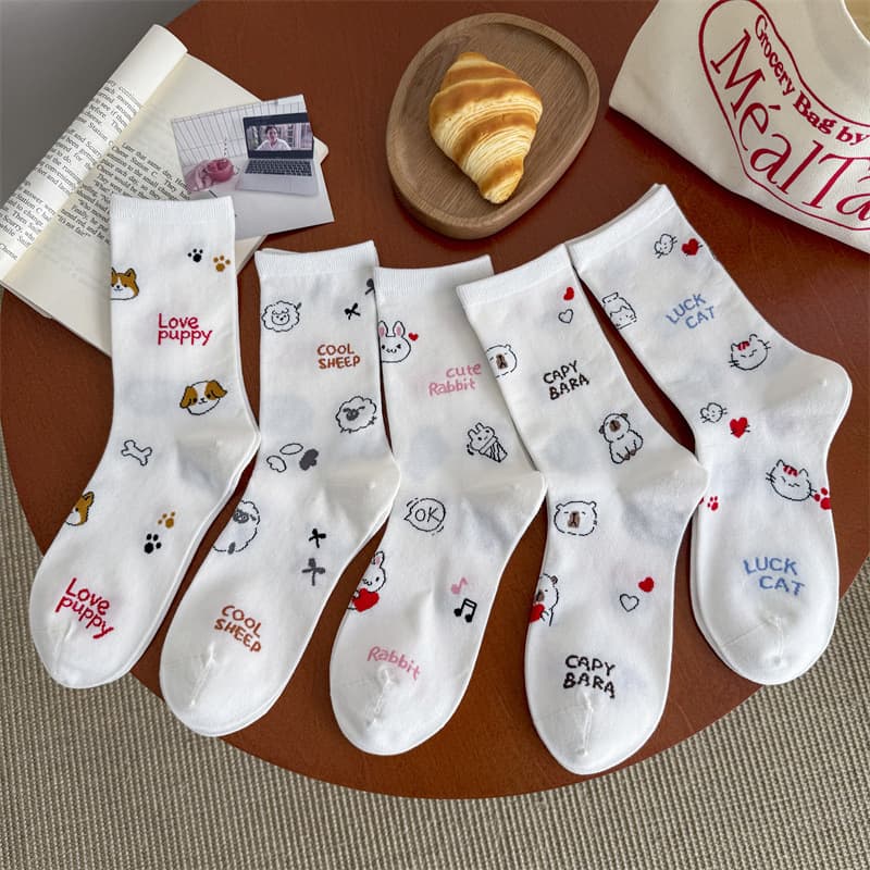 2025 Spring New Women's Socks Japanese Cartoon Puppy Illustration Mid-Calf Cotton Socks Thin Style Ins Fashion Teen Girls Short Socks