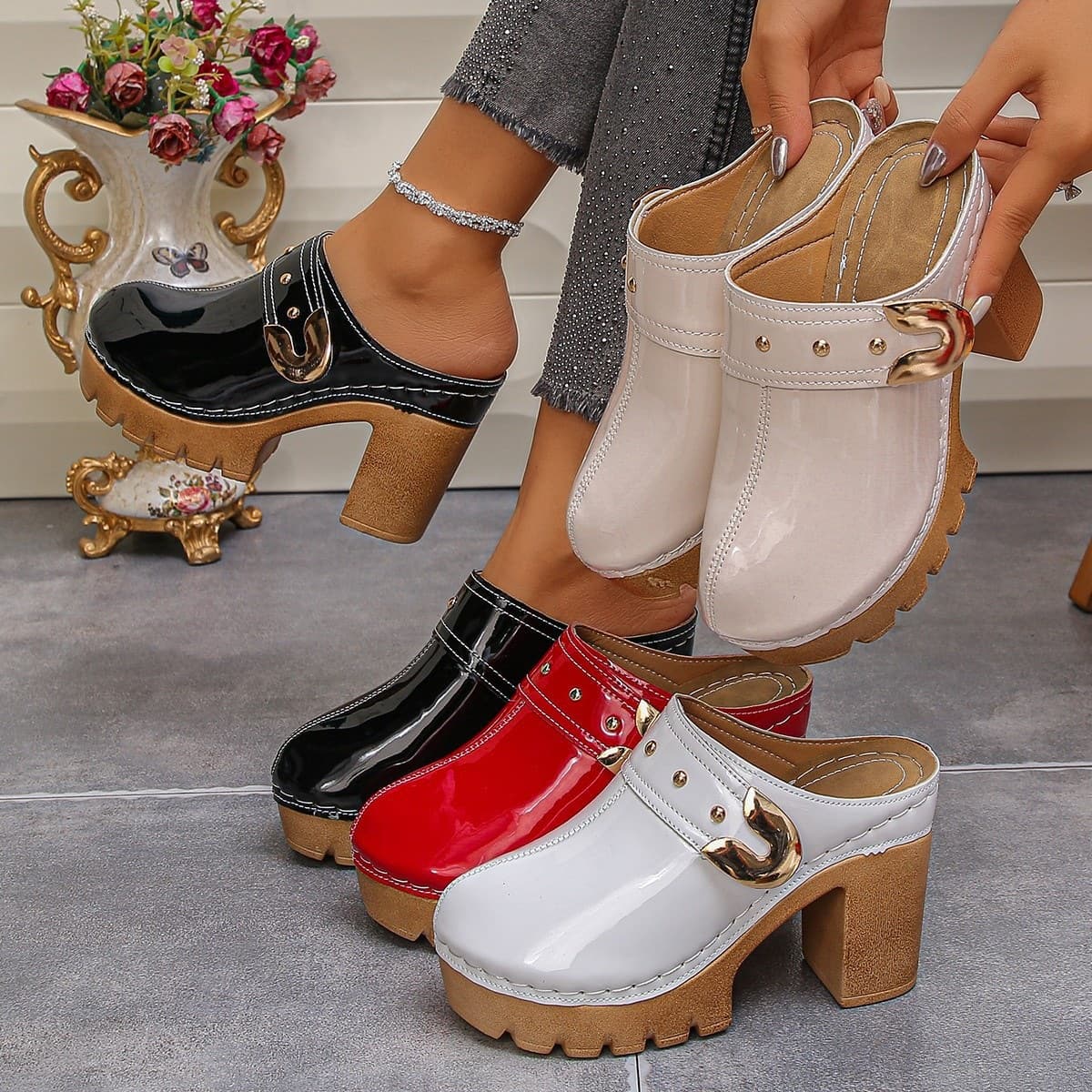 New Cross-Border Chunky Heel Women's Sandals Slides, European and American Large Size Hollow Solid Color Studded Closed-Toe Open-Back Slides, Plus Size