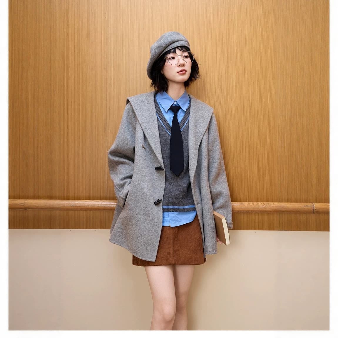 Women's Short Double-Faced Wool Coat Winter New Arrival Gray Simple Loose Sailor Collar Warm Outerwear