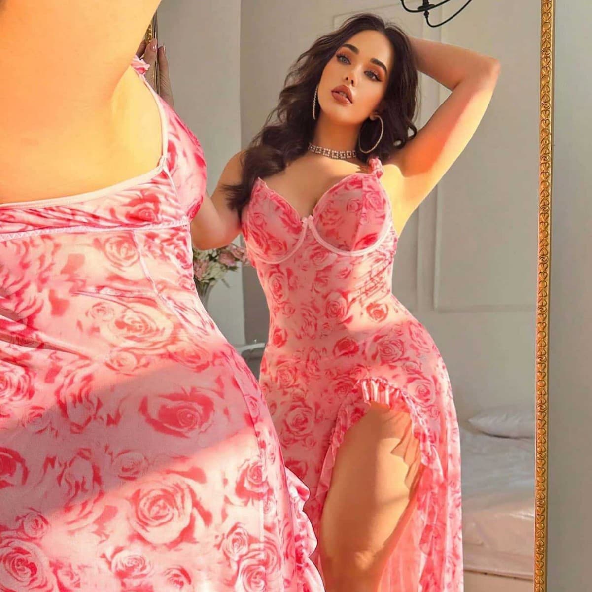 European and American Plus Size Sexy Lingerie Rose Print Sheer Women's Nightgown Long Dress Thong Two-Piece Set