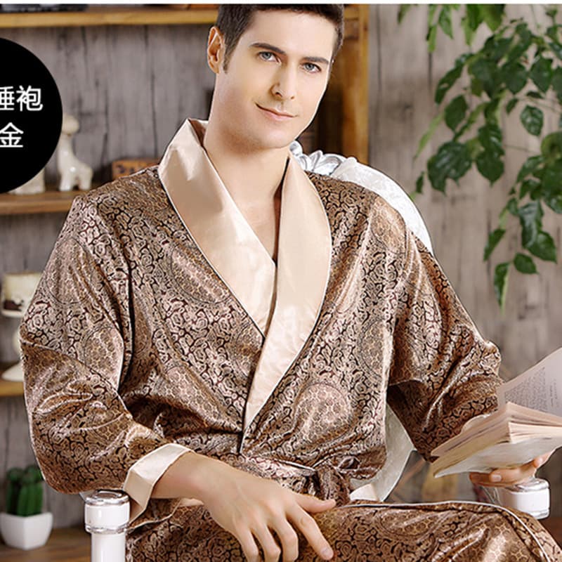 Men's Home Ice Silk Robe Spring/Summer Thin Long Sleeve Sleepwear Plus Size Bathrobe for Export