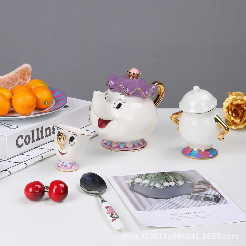 Beauty and the Beast Gold-Plated Ceramic Teapot Mug Kettle Cup Saucer Mrs. Potts Archie Gift Box