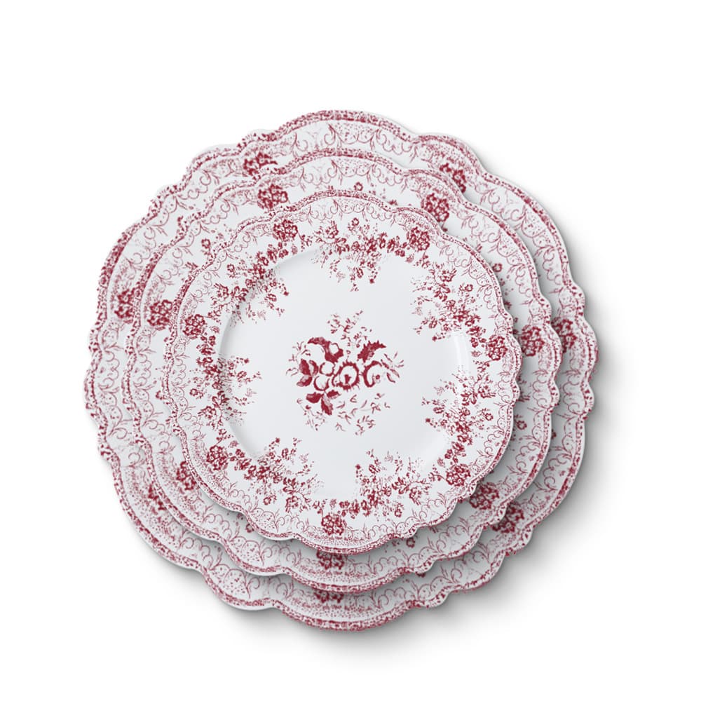 Simple and High-End New Bone China Western Tableware Set with Red Rose Embossed Lace Edge Plates and Bowls, Creative Dinner Plate Set