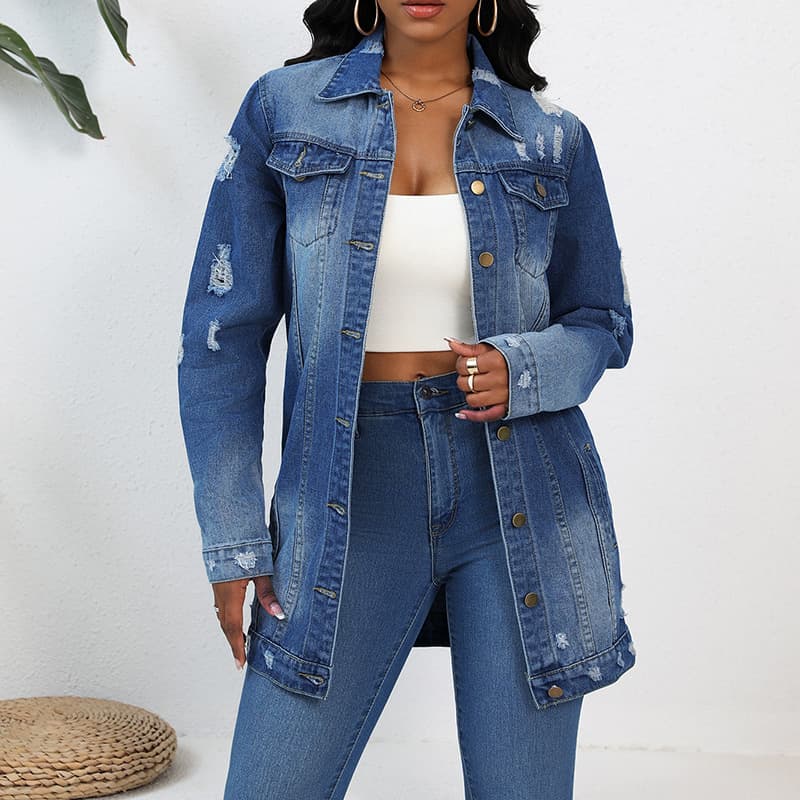 Actual Photo Long-Sleeve Ripped Denim Jacket Long Coat for Women for AliExpress Amazon Independent Site