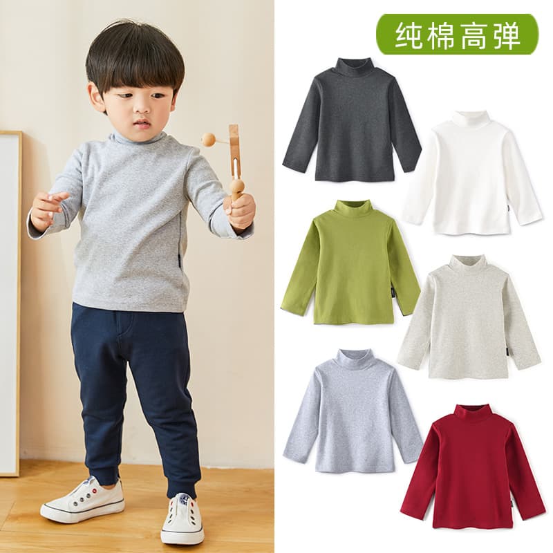 Spring Autumn Unisex Cotton Long Sleeve Base Shirt Half High Collar Pure Cotton Elastic Long Sleeve Top for Babies And Kids