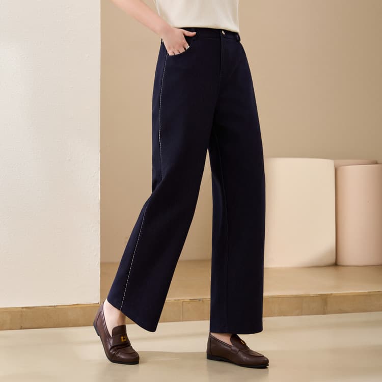 Straight Leg Trousers - Designer Elastic Waist Casual Pants with Visible Stitching, Xianlixiu Plus Size Women's Clothing, Autumn New Arrival