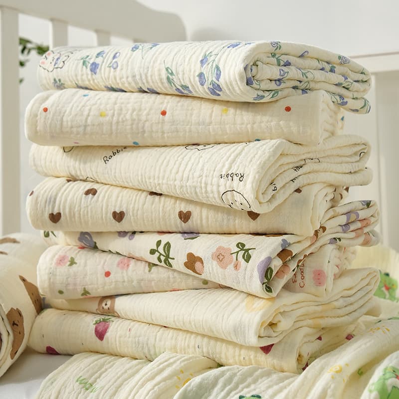 Baby Two-Layer Crinkle Muslin Swaddle Blanket Cartoon Cotton Gauze Coverlet Infant Toddler Nap Blanket Export