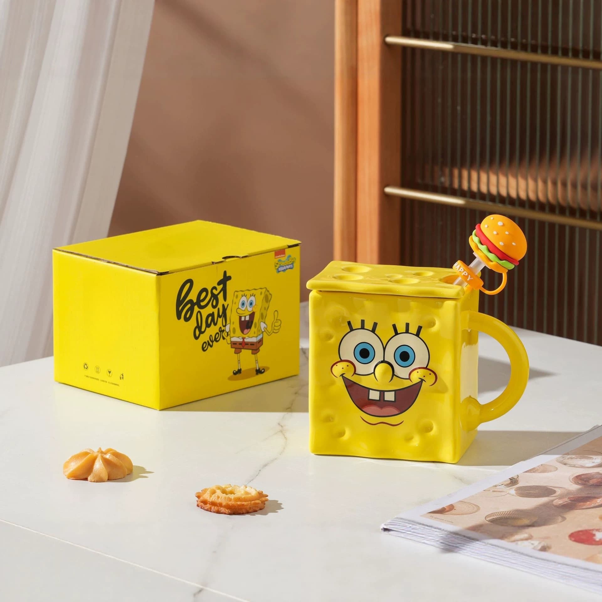 Creative Personalized SpongeBob Officially Licensed Cartoon Ceramic Water Cup Gift Straw Cup with Lid Mug