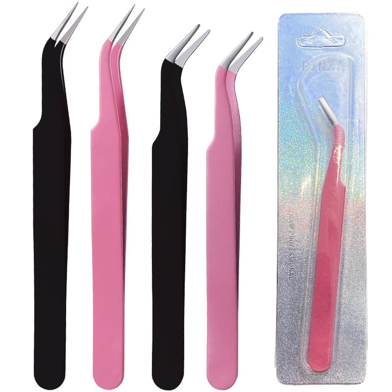 Stainless Steel Eyelash Tweezer, Gold Feather Tweezer with Thick Pink Bent-Tip, Cardboard Packaging
