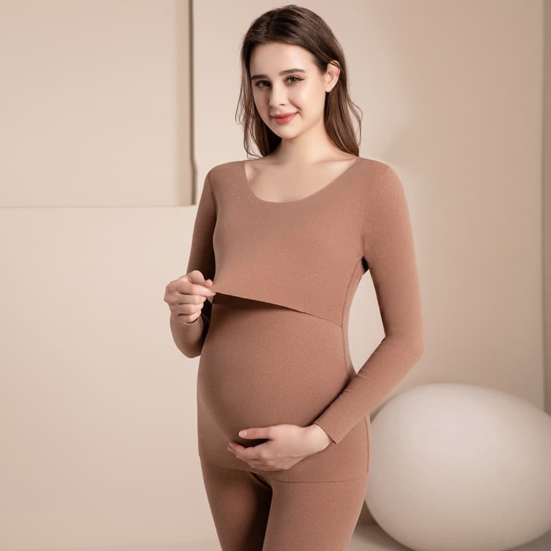 Plus Size Maternity Thermal Underwear Set, Nursing & Postpartum Top & Bottom, Thin Fleece, Suitable for 200 lbs